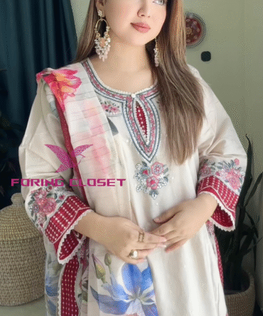 লাক্সারি অফ-হোয়াইট-রেড – মাশলিন সফট কটন থ্রিপিস