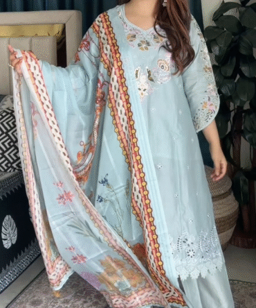 লাক্সারি Sky কালার – মাশলিন সফট কটন থ্রি-পিস