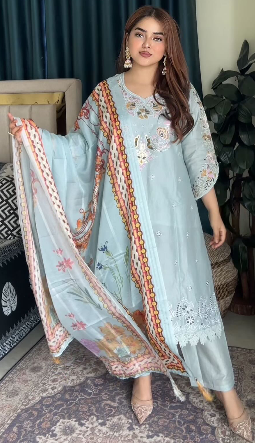 লাক্সারি Sky কালার – মাশলিন সফট কটন থ্রি-পিস