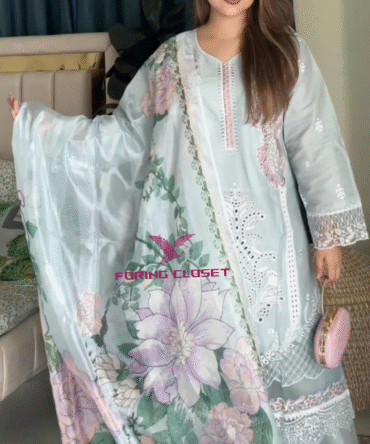 লাক্সারি হোয়াইট-ফিরোজা – মাশলিন সফট কটন থ্রিপিস