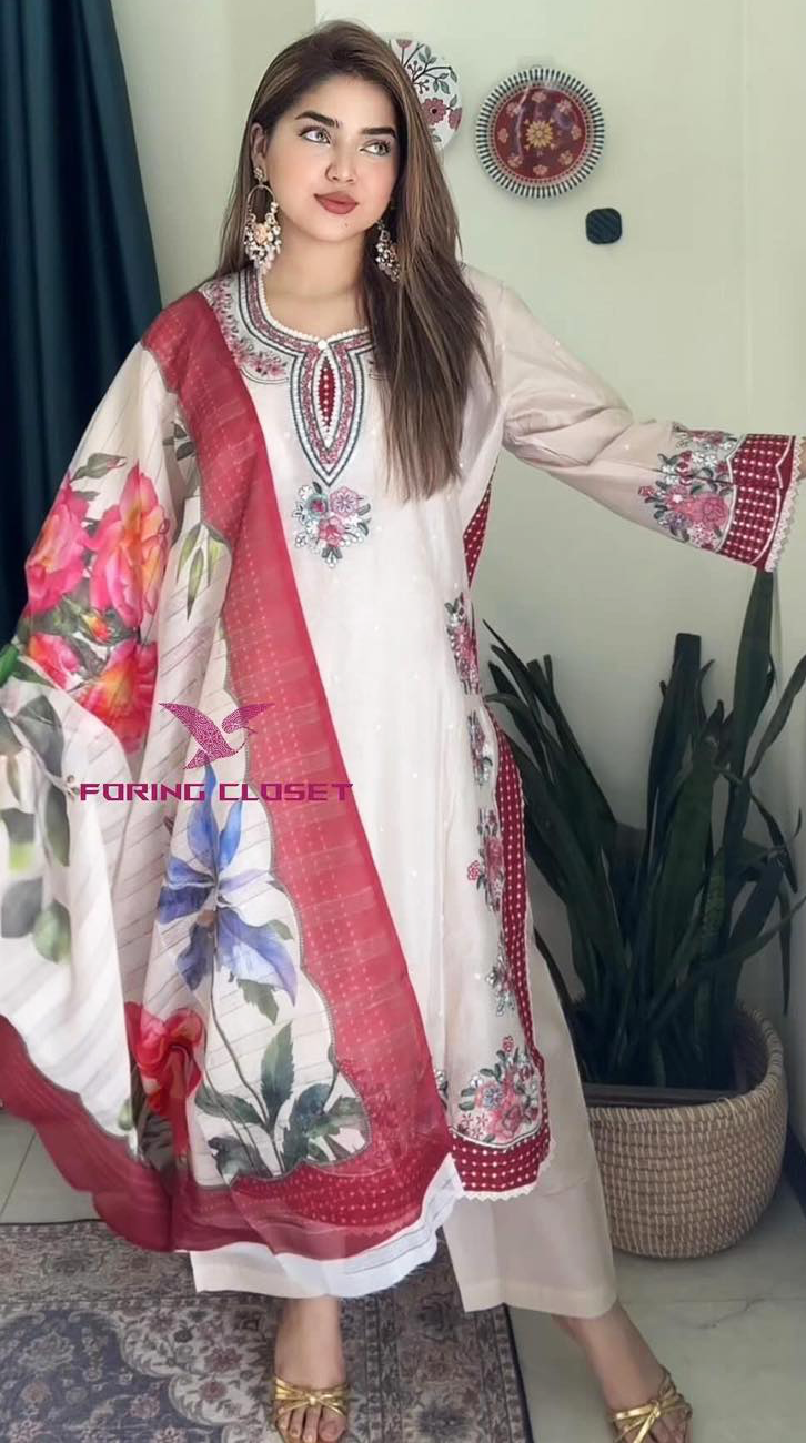 লাক্সারি অফ-হোয়াইট-রেড – মাশলিন সফট কটন থ্রিপিস - Image 3