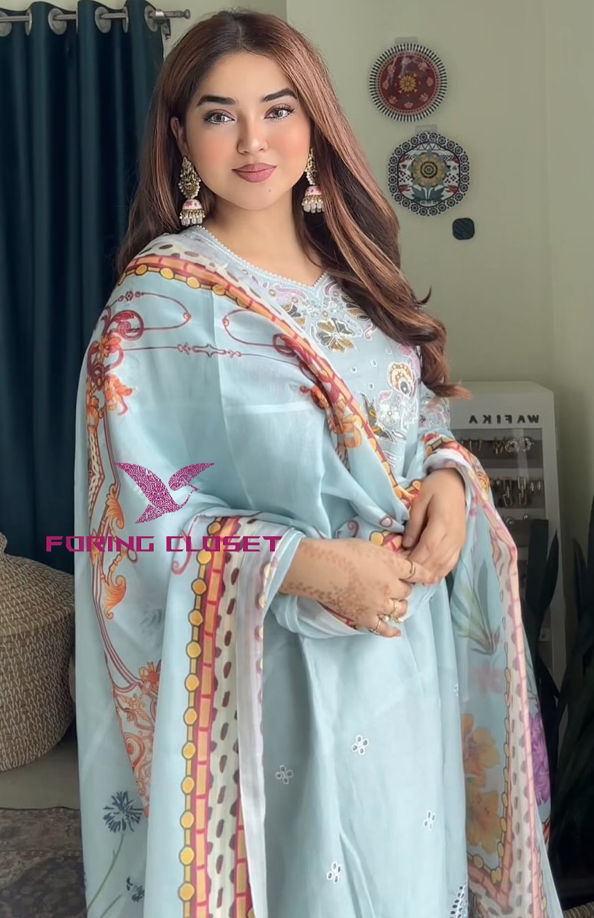 লাক্সারি Sky কালার – মাশলিন সফট কটন থ্রি-পিস - Image 6