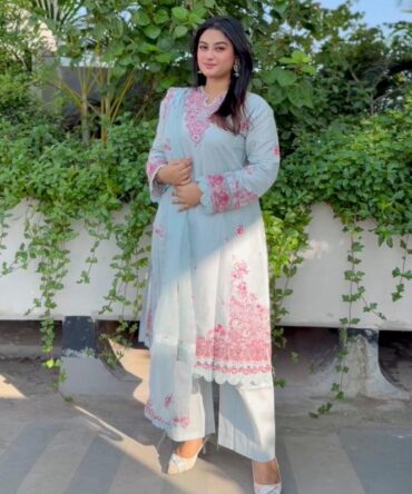 লাক্সারি - আকাশী ফ্লরাল-মাশলিন সফট কটন থ্রি-পিস