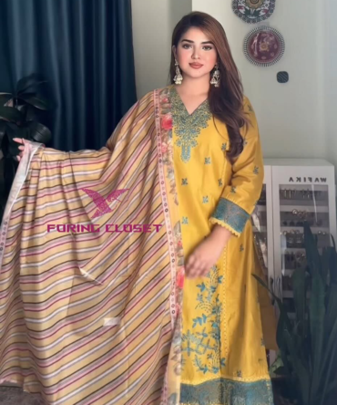 লাক্সারি -হলুদ নীল-মাশলিন সফট কটন থ্রি-পিস