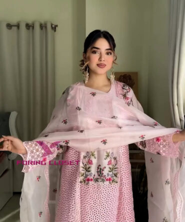 লাক্সারি ফ্লাওয়ার লাইট পিংক – মাশলিন সফট কটন থ্রিপিস