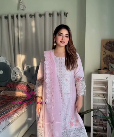 লাক্সারি ডিজাইন লাইট পিংক – মাশলিন সফট কটন থ্রিপিস