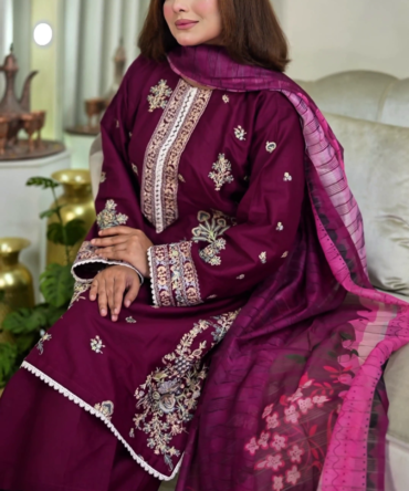 লাক্সারি ভেলভেট প্লাম – মাশলিন সফট কটন থ্রিপিস