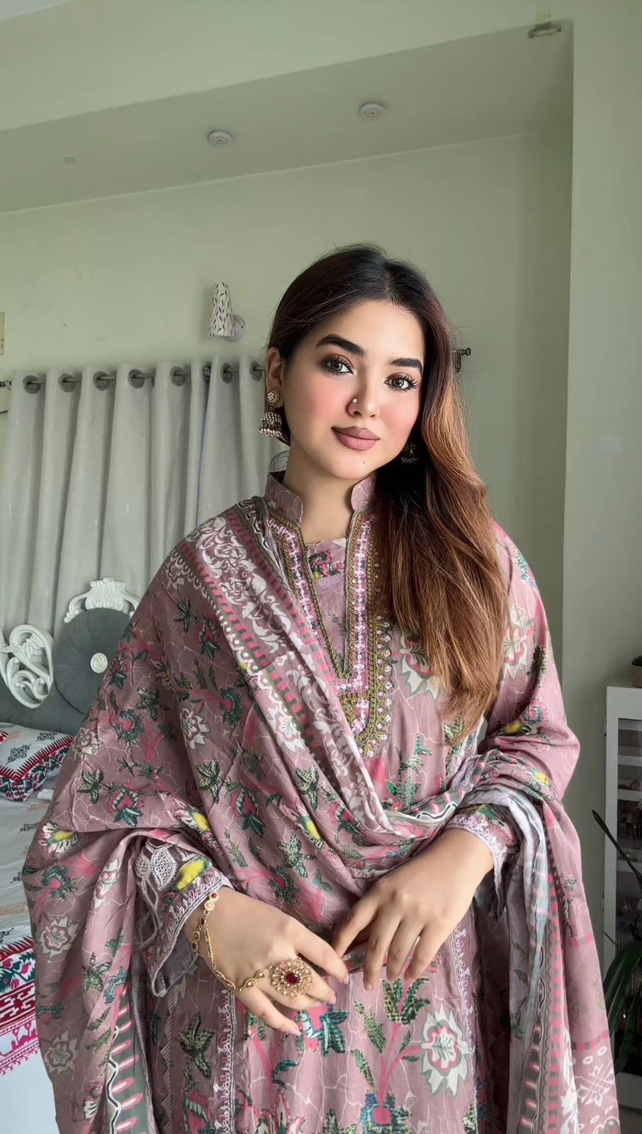 লাক্সারি মভ ফ্লোরাল গ্রেস - মাশলিন সফট কটন থ্রি-পিস