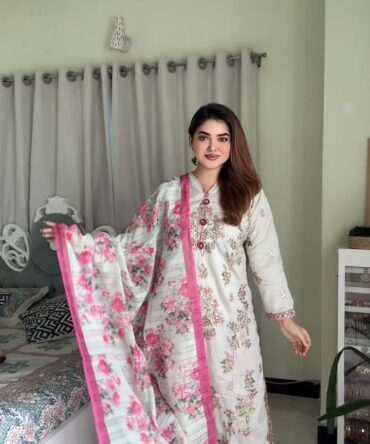 লাক্সারি রোজি আইভরি-মাশলিন সফট কটন থ্রি-পিস