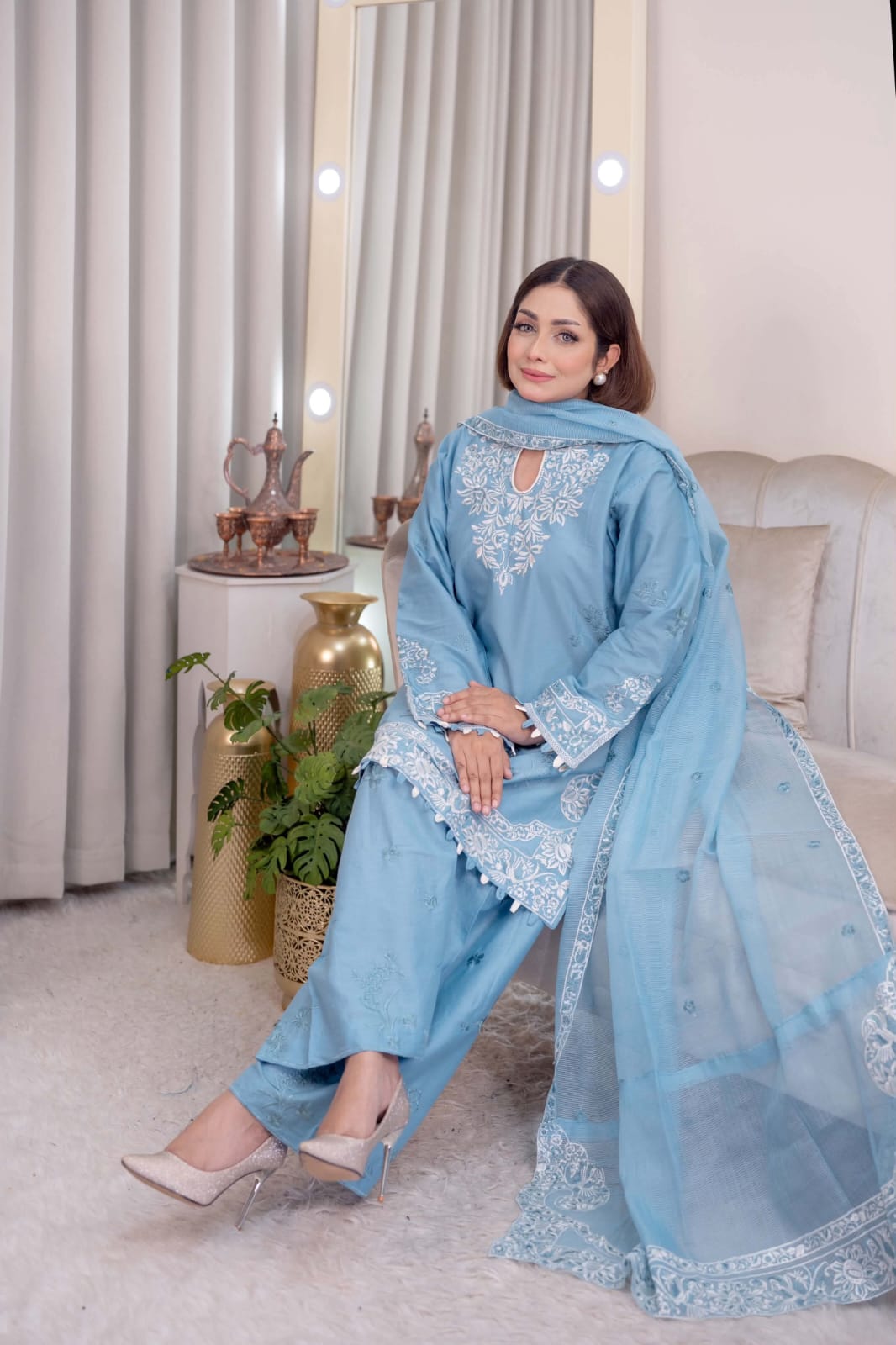 লাক্সারি নীলাভা স্কাই ব্লু ফ্লোরাল - মাশলিন সফট কটন থ্রি-পিস